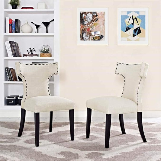 Modway Curve Mid-Century Modern Upholstered Fabric Two Dining Chair Set With Nailhead Trim In Beige