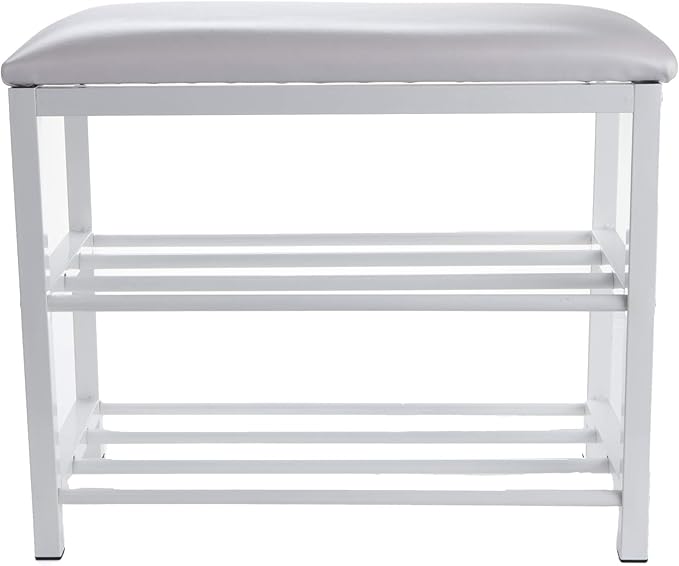 Mind Reader Shoe Bench, Shoe Organizer, Shoe Rack, Padded Bench, Storage, Entryway, Metal, 23.5" L x 11.8" W x 19.88" H, White
