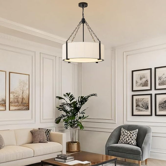 21" White Rattan Chandelier, 5-Light Large Boho Woven Cotton Rope Pendant Light Fixture with Adjustable Chain, Coastal Drum Chandeliers for Dining Room Living Room Kitchen Bedroom Foyer Entryway