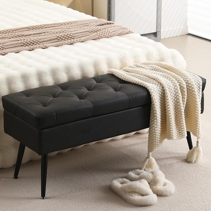 CUYOCA Storage Ottoman Bench, 40" Faux Leather Tufted Entryway Bench, Long Ottoman with Storage for Living Room, Support 660lbs - Black