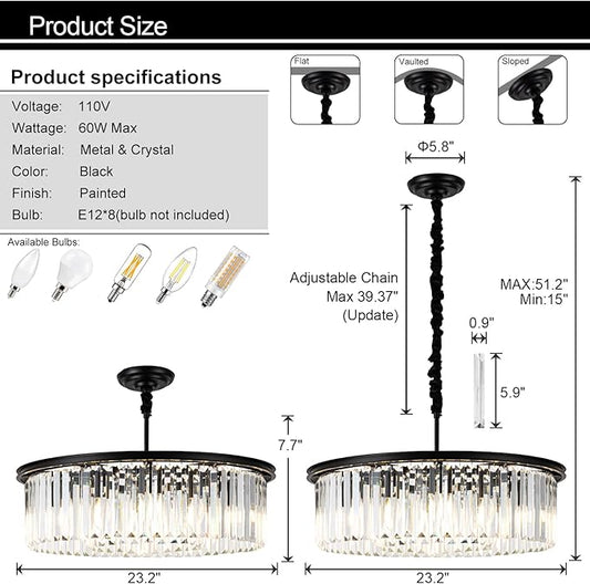 23" Black Crystal Chandelier 8-Light Modern Crystal Pendant Ceiling Light Fixture 2 Rings Luxury Chandeliers,for Dining Room Kitchen Island Living Room Bedroo