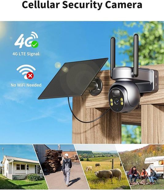 LIWAN 4G LTE Cellular Security Camera Wireless Outdoor, Solar No WiFi Security Camera, 360° Full Cover, 2K Color Night Vision, 2 Way Talk, PIR Motion Sensor, Built-in SIM Card, 2 Pack