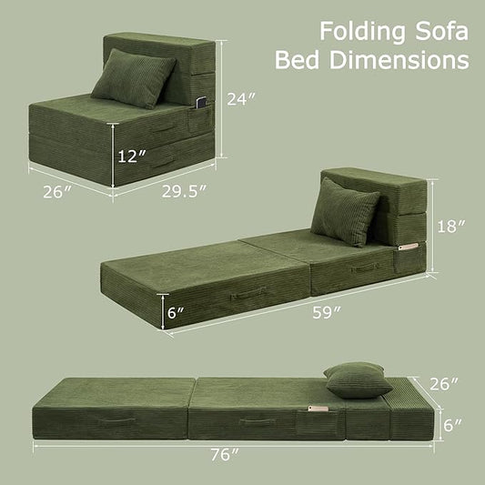 Folding Sofa Bed, 4 in 1 Convertible Sleeper Chair with Pillow, Single Memory Foam Fold Out Chair Bed, Modern Floor Futon Sofa Couch Mattress for Living Room/Guest/Apartment, Green | Convertible, Compressed sofa, Large storage bag