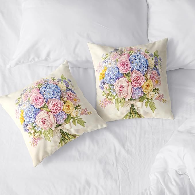 Spring Summer Floral Pillow Covers 18x18 Pink Rose Blue Hydrangea Throw Pillow Covers Exquisite Bouquet Pillow Case Flowers Cushion Case for Living Room Couch Sofa 2 Pack