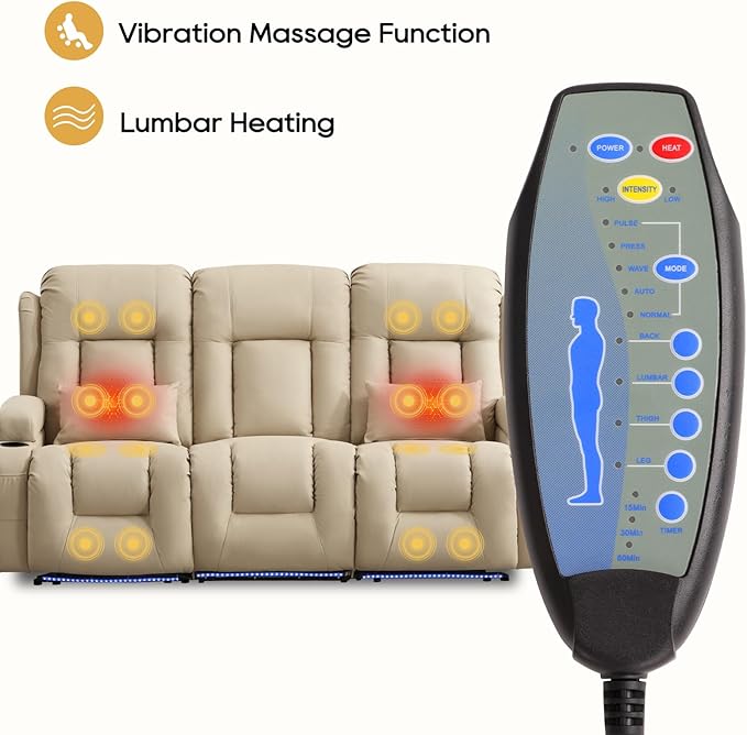 IPKIG Power Loveseat Recliner Sofa with Flip-Up Backrest Console, USB & USB-C Ports, AC Outlet, LED Lights, Wall Hugger Recliners for Living Room, RV, Home Theater (Beige, 76.8" - 3 Seat) | Leathaire Fabric, Zero Gravity, Dual Reclining, 2 Lumabr Pillow