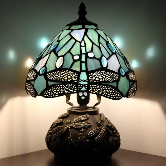 Small Tiffany Lamp Mini Stained Glass Table Lamp Sea Blue Dragonfly Style Mushroom Desk Light Memory Sympathy Lamp 8X11 Inch