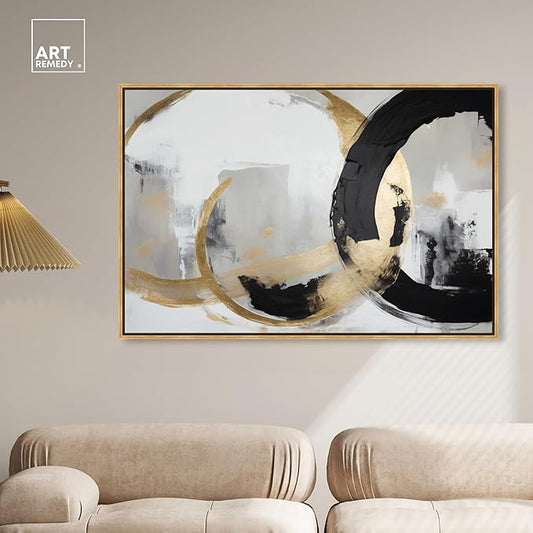 Art Remedy Another Dimension Canvas Modern Black White Abstract Wall Art, Gold Frame, 54" x 36"