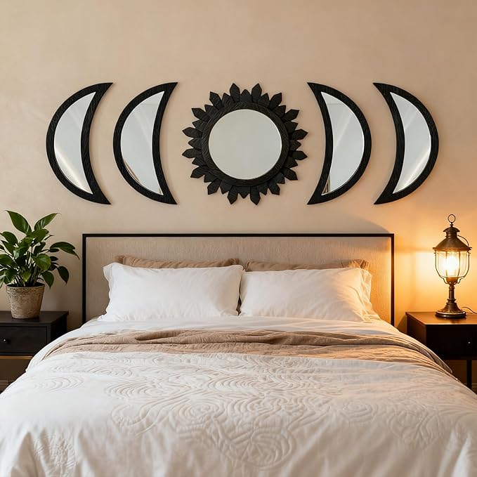 5 Pieces Moon Phase Mirror Wall-Mounted Wall Decor Mirrors Natural Wooden Sunburst Bohemian Wall Art for Home Living Room Bedroom Decoration