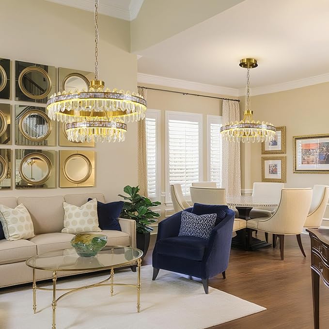 Gold Round LED Crystal Chandelier for Dining Room - 21.6" Luxury 3 Colors Stepless Dimmable Chandeliers,Modern Adjustable Height Pendant Ceiling Light Fixture for Living Room Foyer With Remote Control