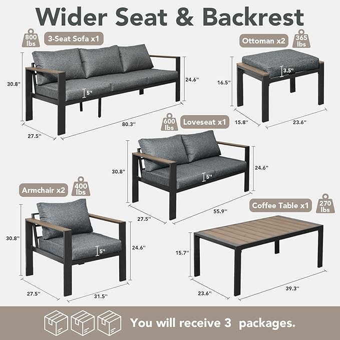Outdoor Patio Furniture Set 7 Pieces Luxury Aluminum Patio Conversation Set with Coffee Table and 2 Ottoman 9 Seats, Thick Cushions, Large Sectional Sofa for Porch, Balcony, Deck, Yard, Gray