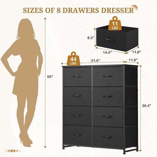 8-Drawer Fabric Dresser, Chest of Drawers Clothes Cabinet for Closet & Bedroom, Storage Organizer with Steel Frame for Entryway, Dorm, Living Room, Black