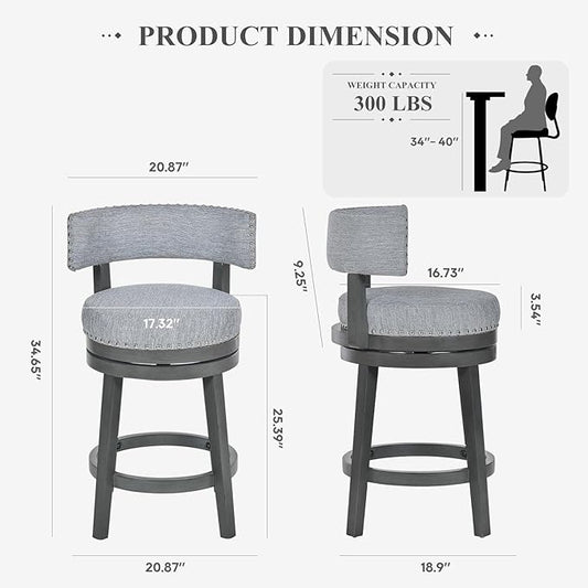COLAMY Swivel Bar Stools Set of 2, 25 Inch Wood Swivel Barstools with Back, Counter Height Bar Stools, Modern Upholstered Barstools for Kitchen Island Dining Room Bar, Grey