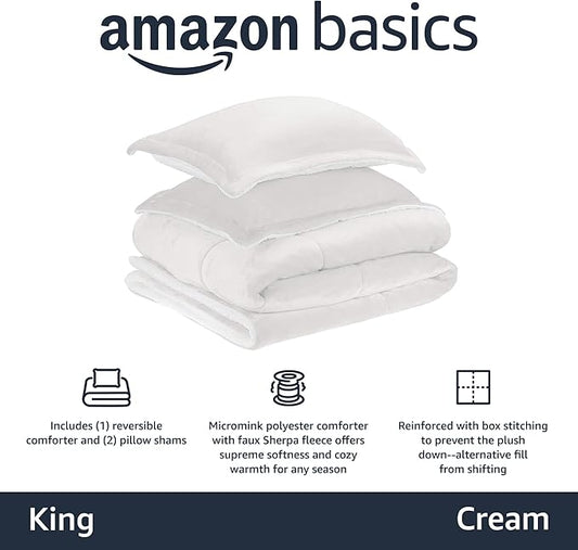 Amazon Basics 3-Piece Down Alternative Bedding Set, Micromink Sherpa Comforter, Ultra-Soft, Machine Washable, Reversible Fleece, King, Cream