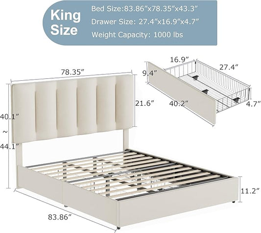 VECELO King Size Bed Frame with 4 Storage Drawers, Adjustable Height Headboard, Heavy-Duty Bedframe with Strong Wooden Slats, No Box Spring Needed, Pale Beige