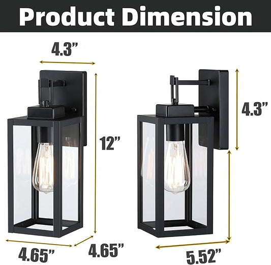 12” Black Wall Sconce Lights-12 Inch Outdoor Wall Light,Exterior Sconce Steel and Glass Outdoor Porch Light, Black Lantern for Front Porch Garage Balcony