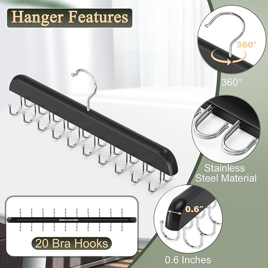 2 Pack Bra Hangers for Closet Organizer, Round Rectangle Bra Organizer with 40 Stainless Steel Hooks, Wooden Tank Top Hanger, Closet Organizers and Storage for Bras Camis Belts Ties, Black Hanger