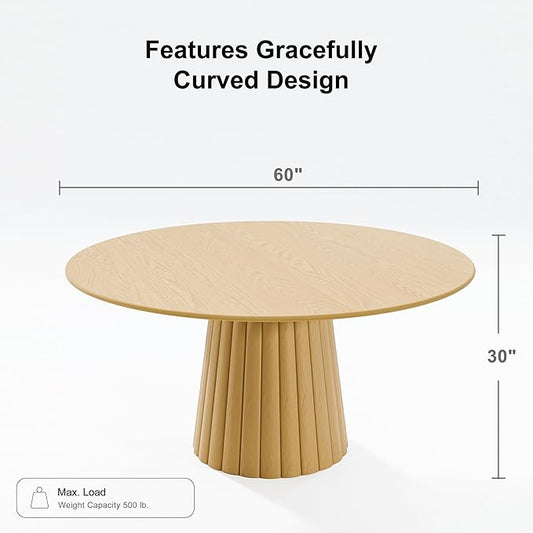 Casaphoria 60" Round Dining Table, Modern Wood Kitchen Table with Cone Shaped Strip Convex Base for Living Room & Dining Room, Easy Assembly Farmhouse Furniture for 4-6, Oak