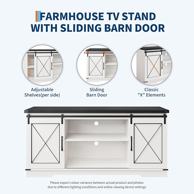 GarveeHome Farmhouse TV Stand for TV up to 65 in and Entertainment Center with Sliding Barn Doors and Adjustable Shelf, Tv Media Console Table with Storage Cabinet for Living Room, Bedroom, White