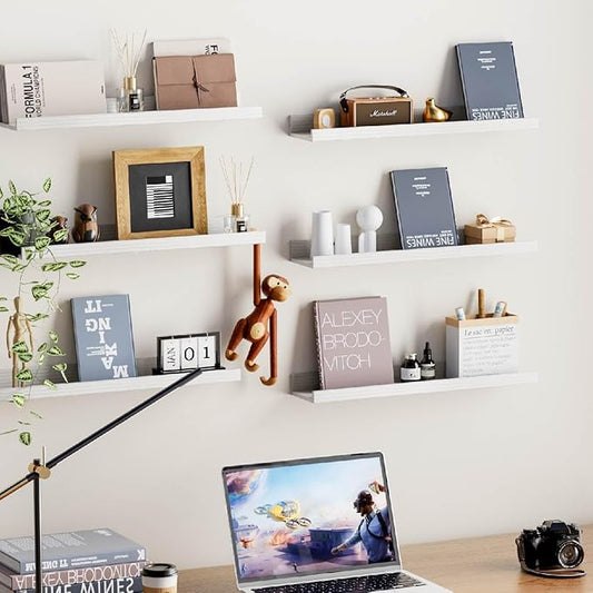 Wall Shelves for Living Room, Nursery Book Shelves Walnut Bathroom Shelves Over Toilet Floating Shelves for Wall, Modern Wood Storage for Bedroom, Kid's Room, Kitchen, 24inch, Set of 6