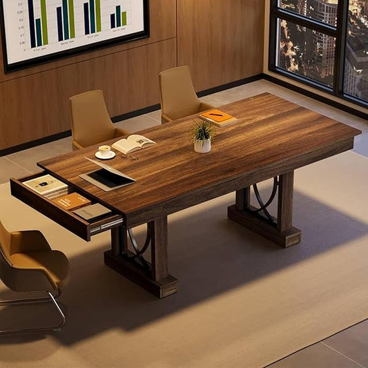 GarveeHome 71-Inch Rectangular Dining Table with Two Drawers, Wooden Kitchen Table w/Large Tabletop & Sturdy Frame, Large Dining Table for 6-8 with Double Pedestal, for Dining Room, Office