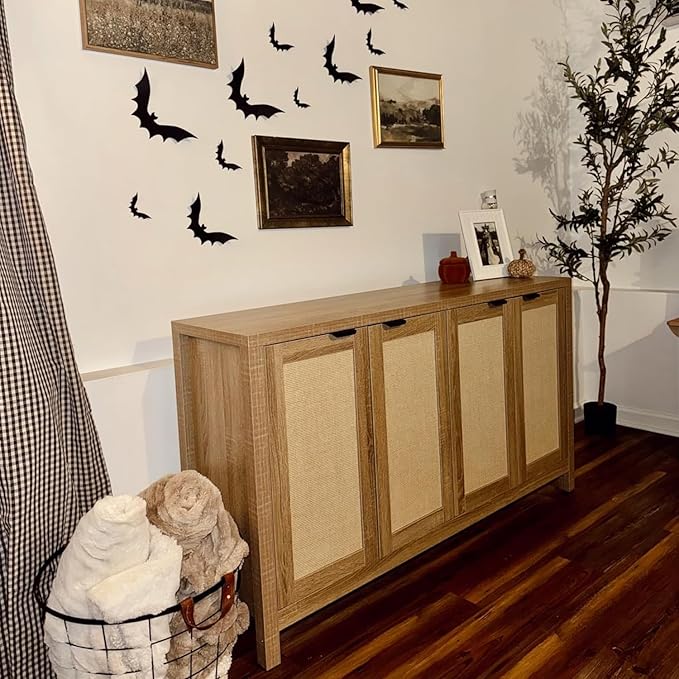 Rattan Sideboard Buffet Credenza Cabinet - Large Farmhouse Kitchen Coffee Bar Cabinet with 4 Rattan Door Storage for Entryway Living Room, 55" x 15" x 31.5" (Natural)