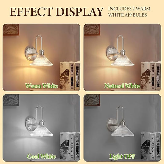 Wall Sconce Set of 2, Nickel Vintage Light Fixtures with Round Clear Glass Lampshade, Hardwired Sconces Wall Lighting for Bedroom, Bathroom, Living Room | Includes 2 LED Bulbs