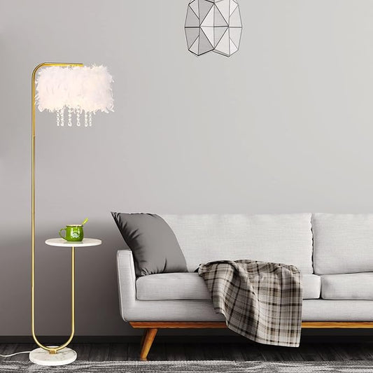 beaysyty Unique Led White Feather Floor Lamp with Tray,Ostrich Feather Stand Lamp,Living Room Bedroom Office Shop Window Decoration Lamp,Foot Switch and Brass/Gold Finish Arc Floor Lamp