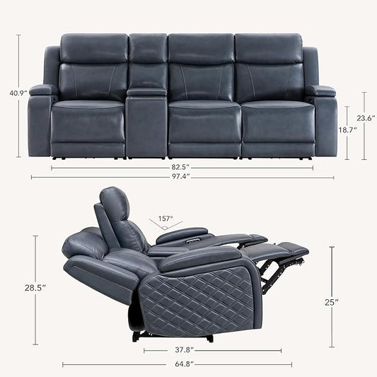 Watson & Whitely Genuine Leather Power Recliner Sofa with Console, 3 Seater Zero Gravity Reclining Sofa with Power Headrest & Flip Middle Backrest Table, Cup Holders for Living Room, Navy Blue