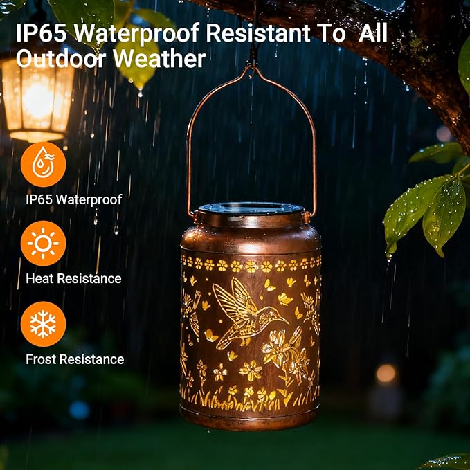2 Pack Hummingbird Solar Lanterns Outdoor Waterproof, Birthday Gifts for Women Mom Grandma Seniors, Metal Hanging Lanterns Decorative Colorful LED Lights for Lawn, Yard, Patio, Backyard, Porch