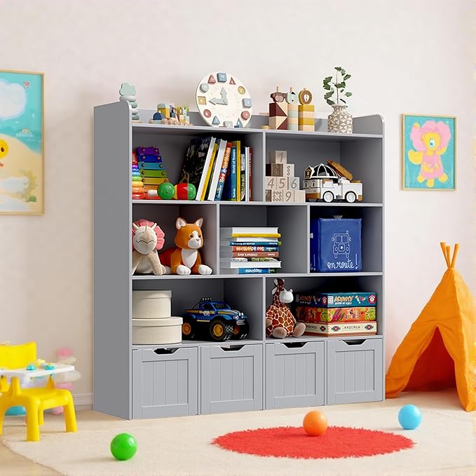 Gizoon Toy Storage Cabinet and Kids Bookcase with 4 Movable Drawers and 8 Open Shelves Toy Chest Shelf Organizer with Hidden Wheels for Playroom Nursery Kids Room, Grey