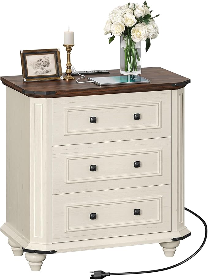 DWVO 29 Inch Wide Nightstand with Charging Station, Farmhouse Bedside Table with 3 Drawers, Wood Night Stand w/Storage, Rustic Bed Side End Table for Bedroom Dorm Small Space, White