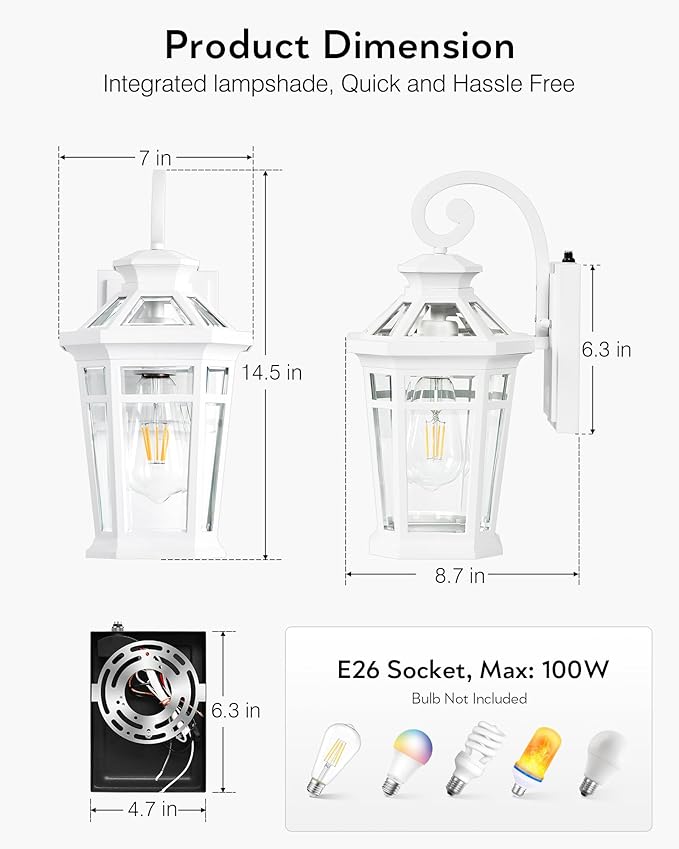 Outdoor Porch Lights, 2-pack White Outdoor Light Fixture Wall Mount, Dusk to Dawn Outdoor Sconce light, Anti-rust Exterior Wall Lantern with Glass Shade, Coach Lights for Garage, Patio, Balcony