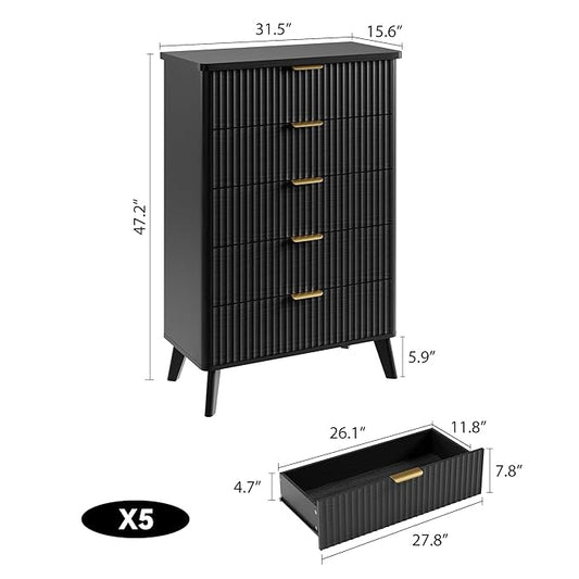 Garvee 5 Drawers Dresser for Bedroom, 47.2" Tall Dressers with Curved Profile Design, Fluted Wood Drawers with Gold Handle, Modern Chest of Dressers with Thickened Design for Living Room, Black