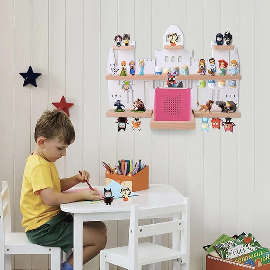 Tonie Shelf Castle for Toniebox,Wall Mounted Tonie Shelf Set,Tonie Figures Tonie Storage,Magnetic Wooden Floating Shelves Compatible with Toniebox for Kids Room (White)