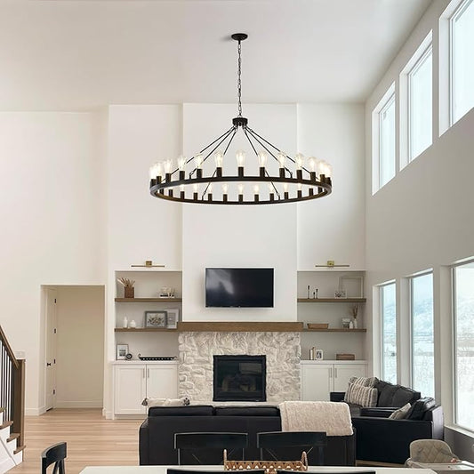 NILSE 53-Inch 30-Light Wagon Wheel Light Fixture, Black Farmhouse Chandelier for Living Room Dining Room, Extra Large Foyer Chandeliers for High Ceilings, Entryway, Bedroom, E26