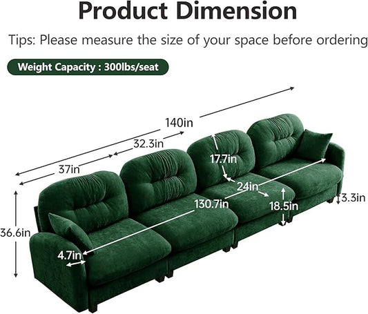 KEIKI 140" Oversized Chenille Modular Sectional Sofa with High-Density Foam Cushion and Tufted Pleated Cushion Backrest, Upholstered Modern 4-Seater Cloud Couch with 2 Pillow, for Living Room, Green