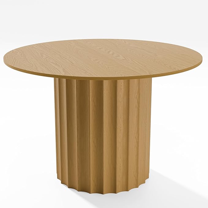 Casaphoria 46" Round Dining Table, Modern Wood Kitchen Table with Cylindrical Wide Bar Concave Base for Living Room & Dining Room, Easy Assembly Farmhouse Furniture for 4-6, Oak
