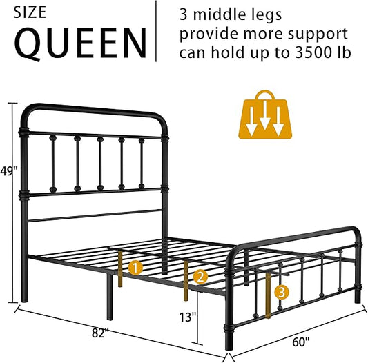 Queen-Bed-Frame-Metal Platform Bed Frame with 49" High-Headboard - Solid Quite Easy Set Up Mattress Foundation No Box Spring Needed