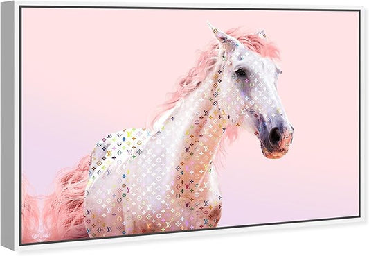 Country Farmhouse Canvas Print Painting Animal Wall Art 'Pink Glam Horse' White Framed Canvas Rustic Home Décor 36x24 in Pink, White by Oliver Gal