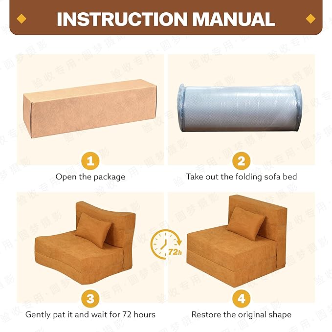 Fvkind Folding Sofa Bed, 4 in 1 Convertible Fold Out Single Chair Bed with Pillow, Memory Foam Futon Chair, Foldable Futon Couch, Foldable Sofa Mattress for Living Room, Bedroom, Guest Room, Yellow