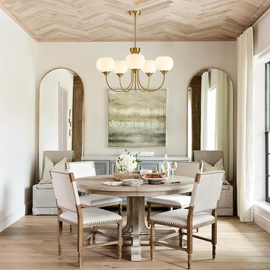 Modern Globe Chandelier 5 Light Mid Century White Milk Glass Vintage Sputnik Hanging Chandeliers Gold Pendant Light Fixtures for Dining Room Kitchen Living Room Bedroom
