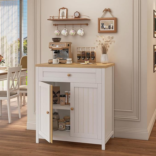 Storage Cabinet,Coffee Bar Cabinet, Kitchen Storage Cabinet, Modern Farmhouse Buffet Sideboard with Drawer, for Kitchen, Dining Room, Entryway(White)