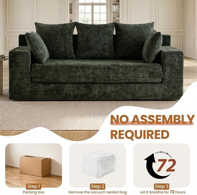 Convertible Sofa Bed, 5 in 1 Small Boneless Couch Pull Out Loveseat Sleeper Sofa,Corduroy Futon Couch Folding Mattress with 4 Pillows for Living Room Bedroom Lounge (Green, 3 Seater)