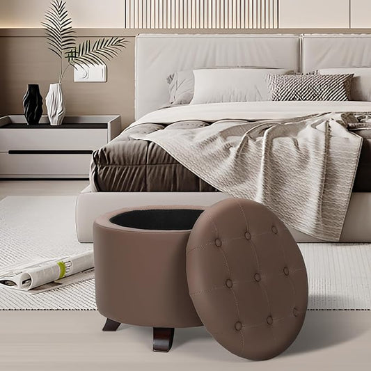 Athena Collection 20 Inch Small Ottoman with Storage, Round PU Leather Storage Ottoman with Removable Lid, Stylish Footstool Foot Rest for Living Room, Bedroom, Dorm, Brown