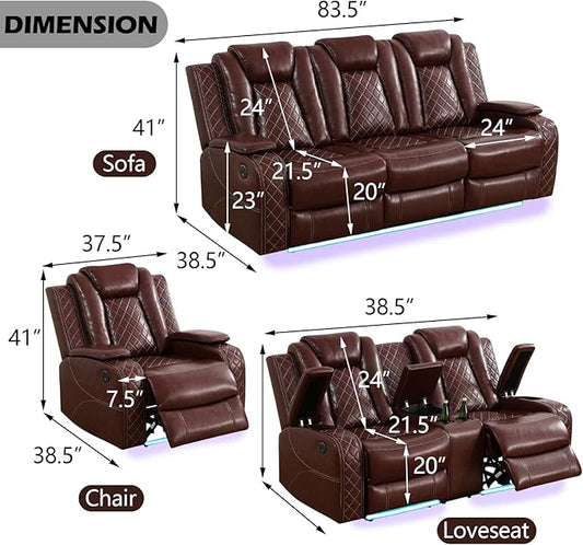 Power Recliner Sofa Set for Living Room, Leather Reclining Sofa Sets with Storage Console, Living Room Furniture Sets with LED Lights(Sofa, loveseat and Chair,Wine)