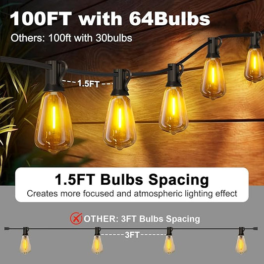 100FT Outdoor String Lights - 64+4 Bulbs(๐.๐๐
๐ ๐๐ฎ๐ฅ๐๐ฌ ๐๐ฉ๐๐๐ข๐ง๐ ) | Remote & Dimmer, 3 Light Modes & Timing, IP65 Waterproof, 100PC Mounting Ties for Patio/Outside/Commercial