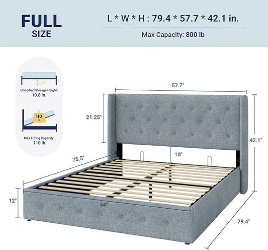 Allewie Full Size Lift Up Storage Bed, Button Tufted Headboard with Wingback, Hydraulic Support, No Box Spring Needed, Grey Blue