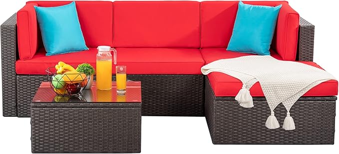 Shintenchi 5 Pieces Patio Furniture Sets Outdoor All-Weather Sectional Patio Sofa Set PE Rattan Manual Weaving Wicker Patio Conversation Set with Glass Table&Ottoman Cushion and Red Pillows, Red