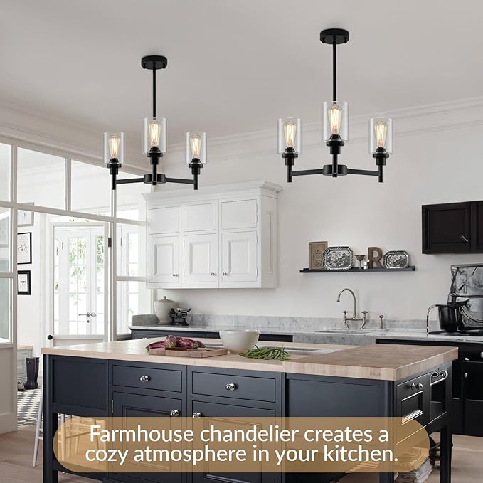 3 Lights Black Chandeliers for Dining Room Light Fixture Over Table, Entryway Chandelier for Foyer, Hallway Lighting Fixtures with Glass Shade for Dining Room Kitchen Island Foyer Hallway