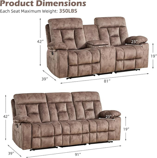 CANMOV Recliner Sofa Set, 3 Seat Recliner Sofa and Manual Loveseat with Overstuffed Armrest, Storage Console,Hidden Cup Holders, for Living Room, Camel-Brown